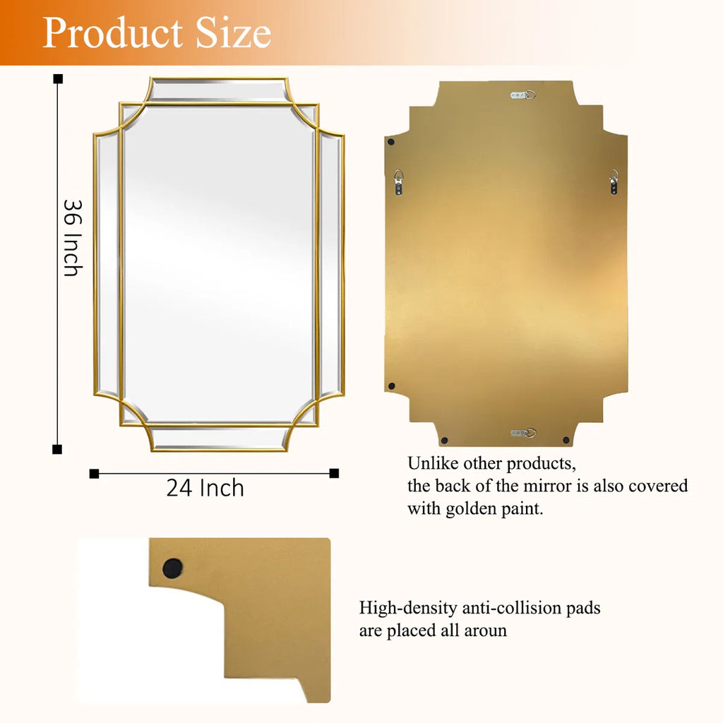 24"X36"Modern Decorative Wall Mirror, Gold Wooden Frame Accent Mirror for Living Room