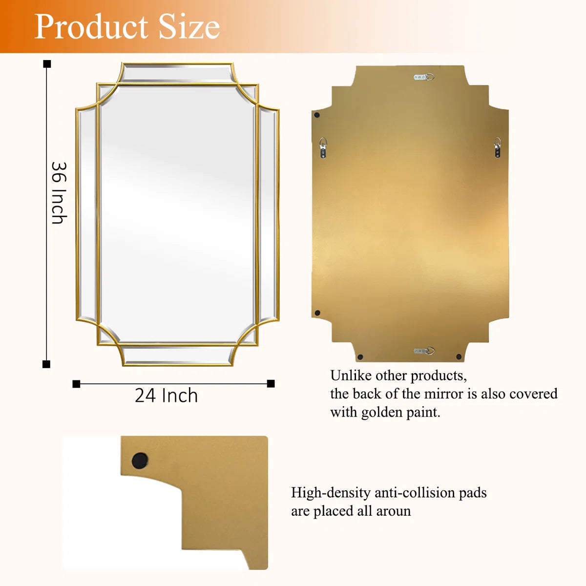 24"X36"Modern Decorative Wall Mirror, Gold Wooden Frame Accent Mirror for Living Room